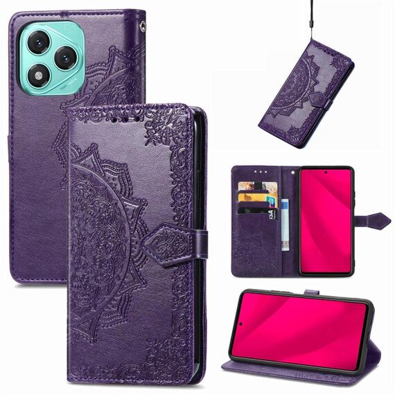 Custodia per telefono in pelle goffrata con motivo mandala a fiori per Honor 400 Lite (viola)