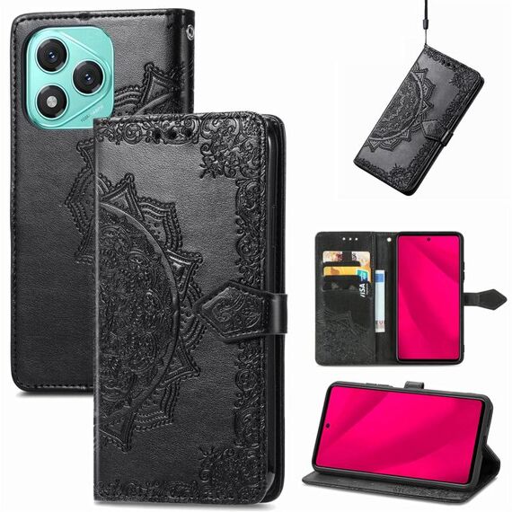 Custodia per telefono in pelle goffrata con motivo mandala a fiori per Honor 400 Lite (nera)