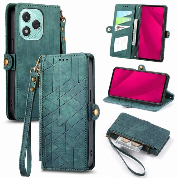 Custodia per telefono in pelle con fibbia laterale con cerniera geometrica per Honor 400 Lite (verde)