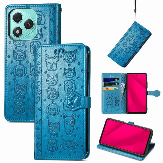 Custodia in pelle goffrata con motivo gatto e cane per Honor 400 Lite (blu)