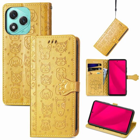 Custodia in pelle goffrata per telefono Honor 400 Lite con motivo gatto e cane (giallo)
