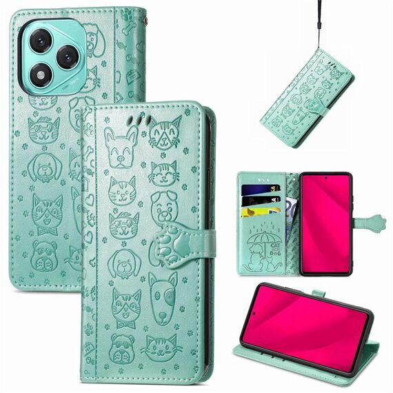 Custodia in pelle goffrata per telefono Honor 400 Lite con motivo gatto e cane (verde)