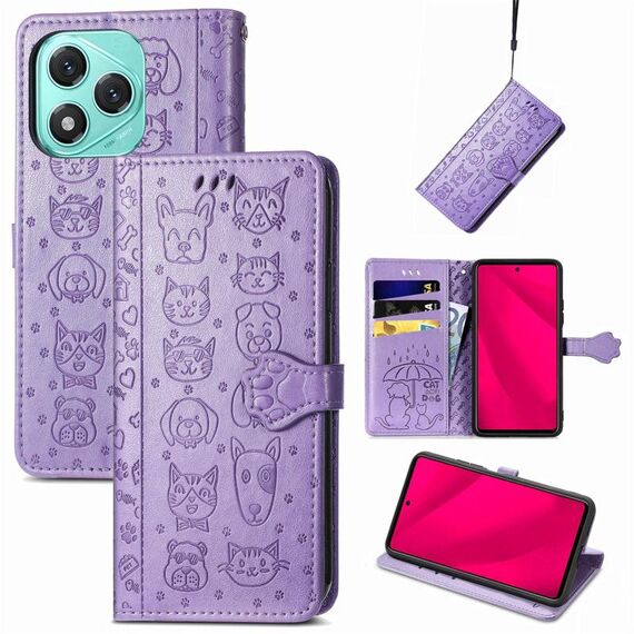 Custodia in pelle goffrata per telefono Honor 400 Lite con motivo gatto e cane (viola)