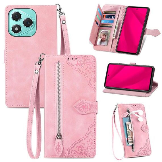Custodia per telefono in pelle con cerniera e motivo floreale in rilievo per Honor 400 Lite (rosa)