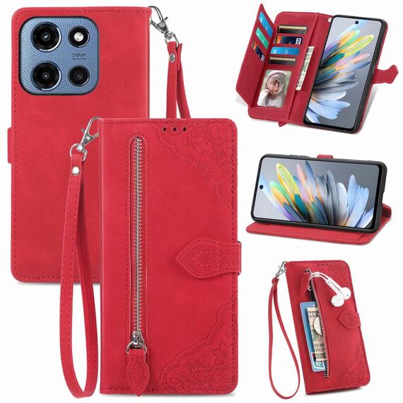 Per Motorola Moto G 2025 Custodia in pelle con cerniera e motivo floreale in rilievo (rosso)