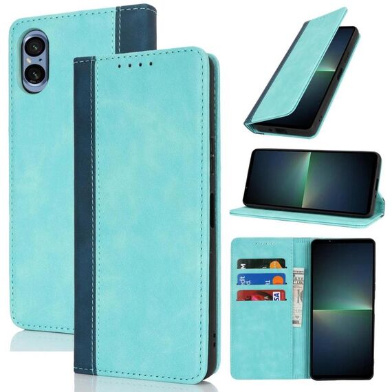 Per Sony Xperia 5 V Custodia per telefono in pelle con cuciture colorate e texture in vitello (blu chiaro blu scuro)