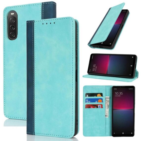 Per Sony Xperia 10 V Custodia per telefono in pelle con cuciture colorate e texture di vitello (blu chiaro blu scuro)