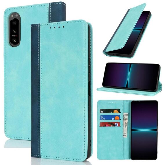 Per Sony Xperia 5 IV Custodia per telefono in pelle con cuciture colorate e texture di vitello (blu chiaro blu scuro)