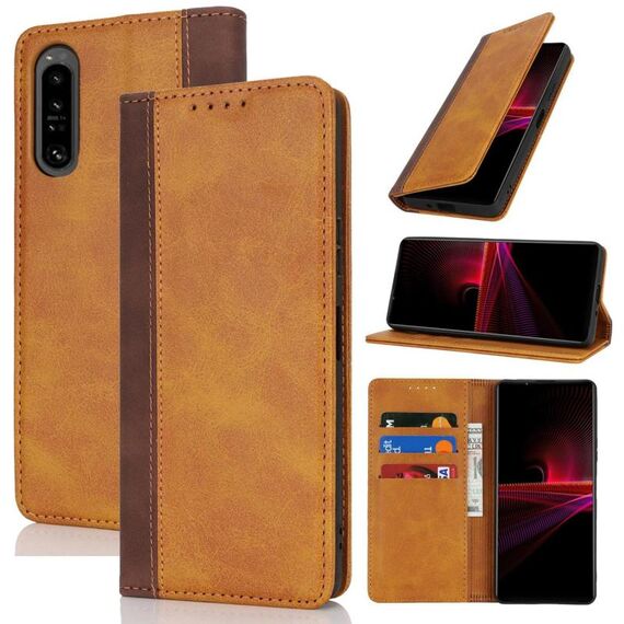 Per Sony Xperia 1 III Custodia per telefono in pelle con cuciture colorate e texture di vitello (giallo marrone)