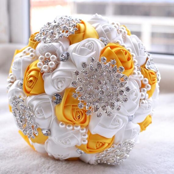 Matrimonio Holding Perla Diamante Fiori Bouquet da sposa Accessori Damigella d'onore Strass Decorazioni per matrimoni per feste, Diametro: 20 cm (Giallo)