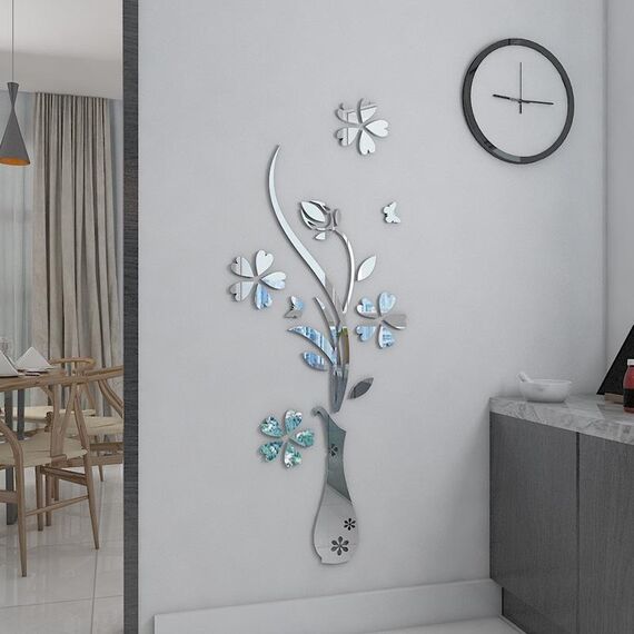 Set di adesivi murali fai-da-te a specchio in stile vaso 3D creativo 2 pezzi, dimensioni: 40 * 60 cm (argento)