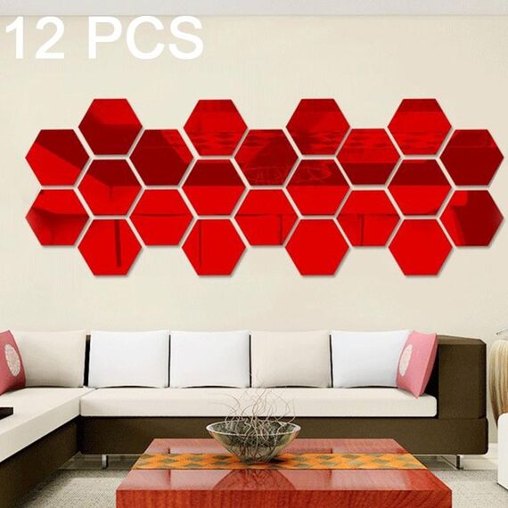 Set di adesivi murali a specchio esagonale 3D da 12 pezzi, dimensioni: 10 * 10 cm (rosso)