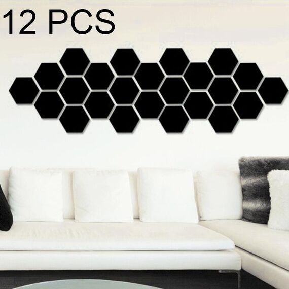 Set di adesivi murali a specchio esagonale 3D da 12 pezzi, dimensioni: 4 * 4 cm (nero)