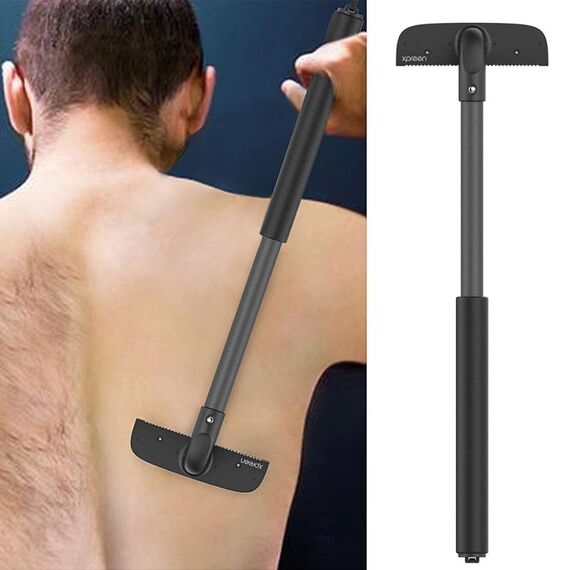 XPREEN XPRE034 Manico estensibile Rasoio posteriore con lama in acciaio inossidabile Rasoio regolabile con cordino per uomo (nero)