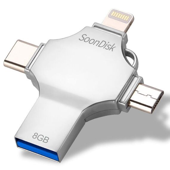 4 in 1 8 GB USB 3.0 + 8 pin + Mirco USB + USB-C / Type-C Flash Drive a doppio uso con funzione OTG