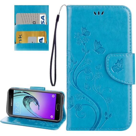Per Galaxy A5 (2017) / A520 Farfalle Love Flowers Custodia in pelle con goffratura orizzontale con supporto e slot per schede e portafoglio e cordino (blu)