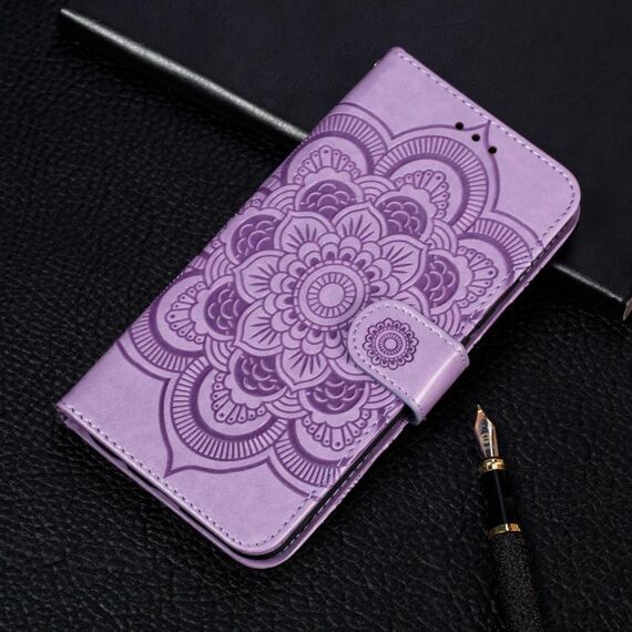 Per iPhone 11 Custodia in pelle con motivo a rilievo mandala in rilievo orizzontale, con supporto e slot per carte e portafoglio e cornice per foto e cordino (viola)