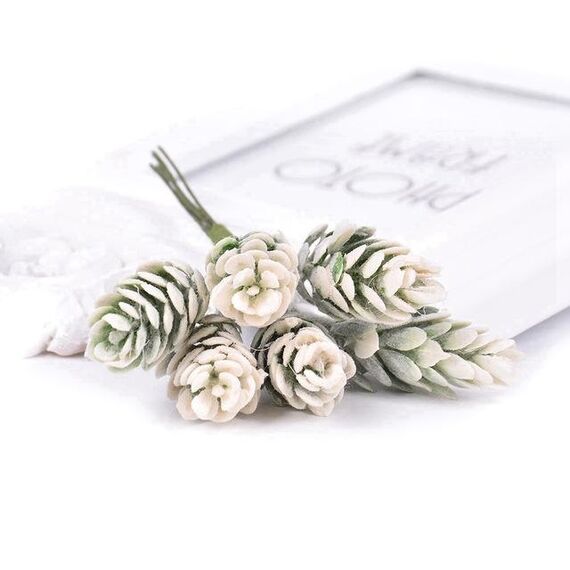 2 mazzi di fiori artificiali Pianta cono di pino Bouquet per decorazioni natalizie di nozze (bianco)