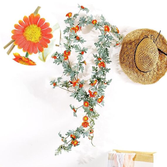 Daisy Leaf Artificial Flower Vine Interior Background Wall Window Decoration, Lunghezza: 1,75 m (arancione)