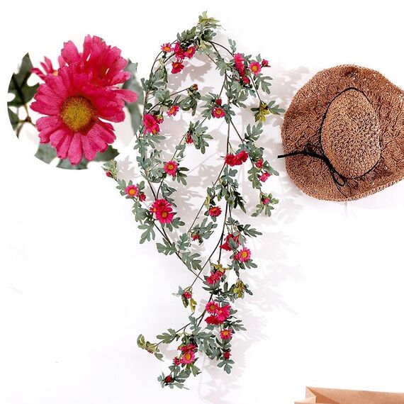 Daisy Leaf Artificial Flower Vine Interior Background Wall Window Decoration, Lunghezza: 1,75 m (rosso vino)