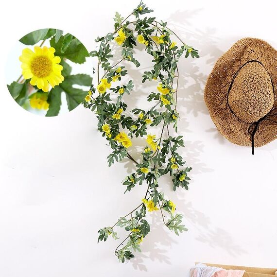 Daisy Leaf Artificial Flower Vine Interior Background Wall Window Decoration, Lunghezza: 1,75 m (giallo)