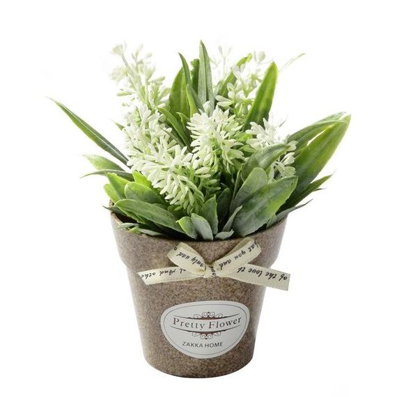 Erba di fiori finti con fiori artificiali in vaso di plastica per la decorazione rustica della fattoria del giardino (bianco)