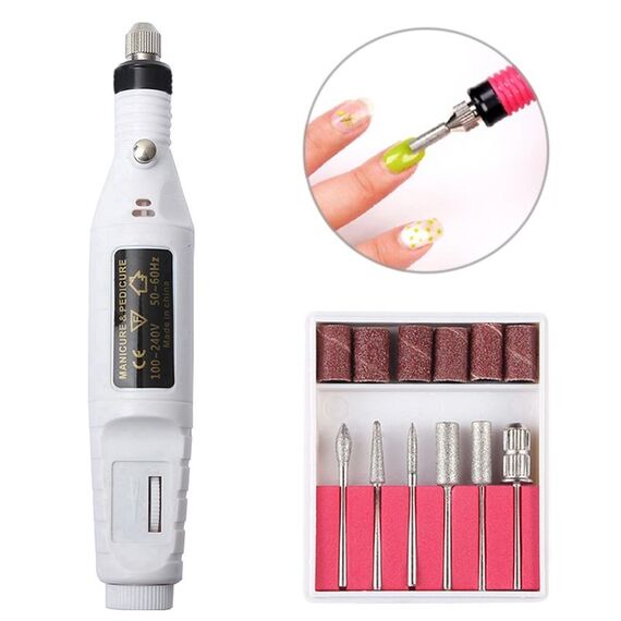 1 Set Power Professional Electric Manicure Machine Pen Pedicure Nail Lima Nail Tools 6 bit Drill Nail Drill Machine (US White)
