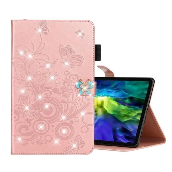 Per IPAD PRO 11 (2020) Diamond Imbrottanti farfalle Embossing Pattern Cassa da taglio orizzontale in pelle flip in pelle con supporto e slot per schede (oro rosa)
