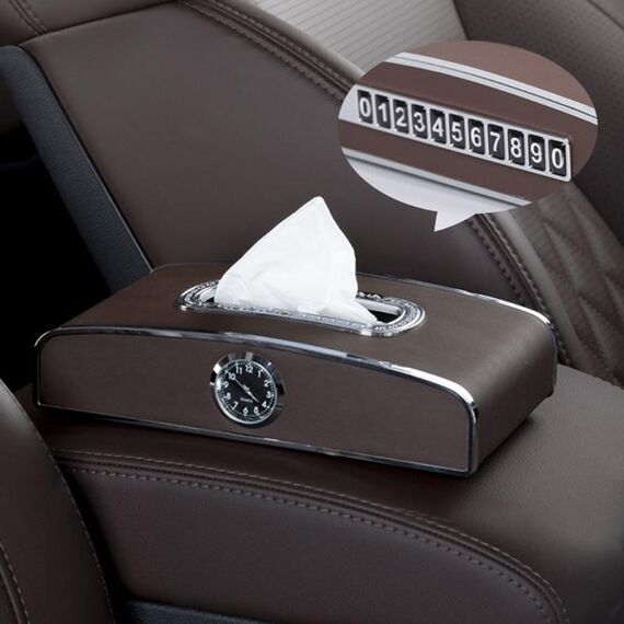 Scatola per fazzoletti per orologio per auto Scatola per asciugamani di carta da tavolo per strumenti per veicoli multifunzione, stile: orologio + carta di parcheggio (marrone moka)