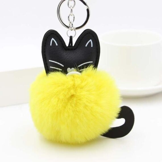 Portachiavi in ​​peluche con pompon soffice palla di pelliccia di coniglio testa di gatto giocattolo bambola (caffè)