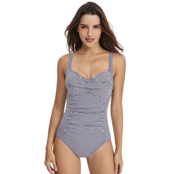 Ds02 Ladies Triangle Triangolo monopezzo costume da bagno con cuscinetto per il torace, dimensioni: XL (striscia bianca blu scuro)