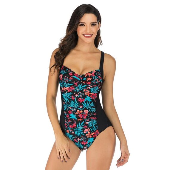 Ds02 ladies stenderne costumi da bagno monopezzo con cuscinetto per il torace, dimensioni: xl (fiori a foglia con fondo nero)