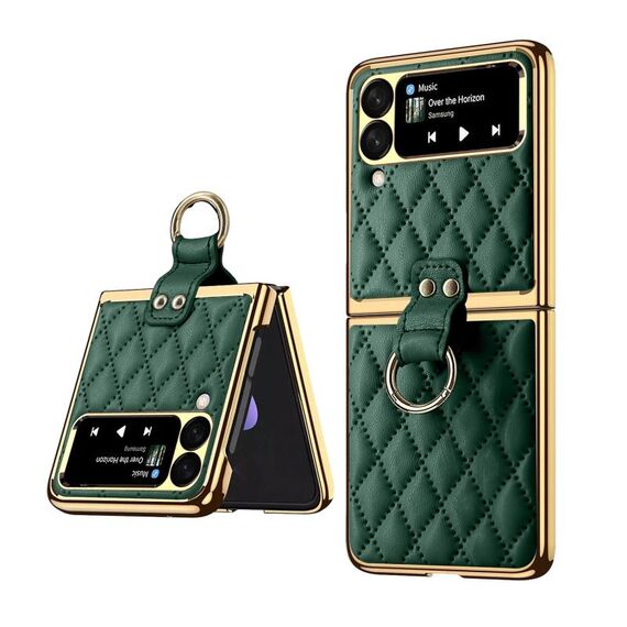 Per Samsung Galaxy Z Flip4 Custodia per telefono ad anello in pelle liscia con reticolo diamantato (verde)