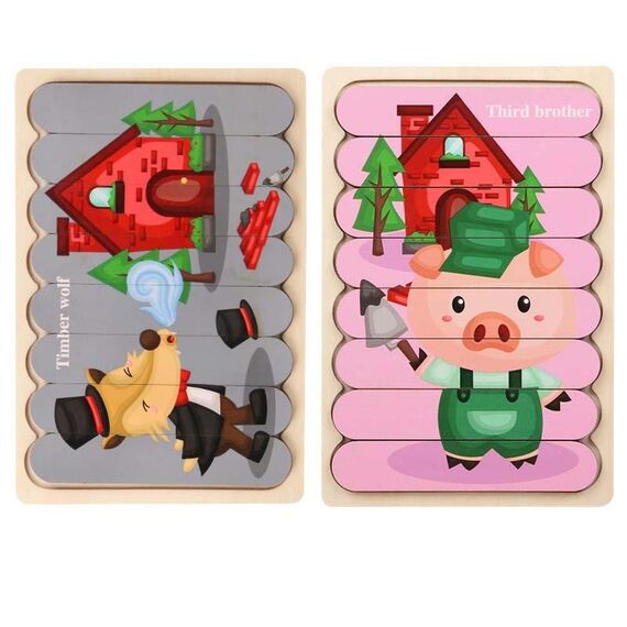 QBT01 Giocattolo puzzle bar puzzle in legno a doppia faccia per bambini (grande lupo grigio + maiale (rosa))