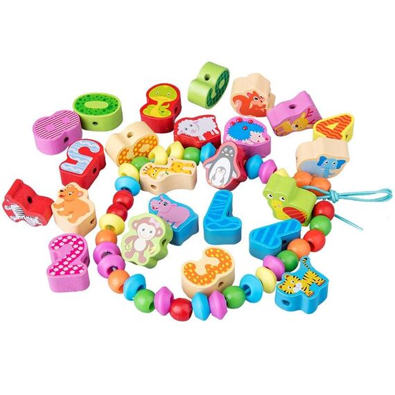 60 pezzi / set numero + bambini animali che infilano giocattoli filettati educazione precoce perline di legno cognitive