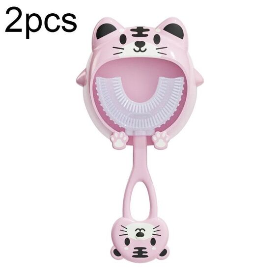 S8 2pcs bambini cartone animato animale manuale spazzolino da denti in silicone a forma di U per 2-12 anni (tigre rosa)