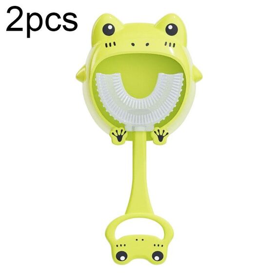 S8 2pcs bambini cartone animato animale manuale spazzolino in silicone a forma di U per 2-12 anni (rana verde)