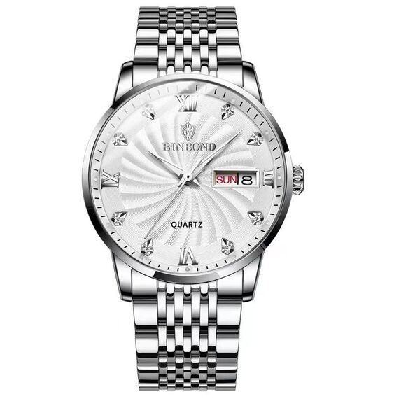 BINBOND B3034 Diamond 30m Orologio da lavoro impermeabile Orologio da uomo con fibbia a farfalla Orologio al quarzo luminoso (acciaio bianco-bianco)