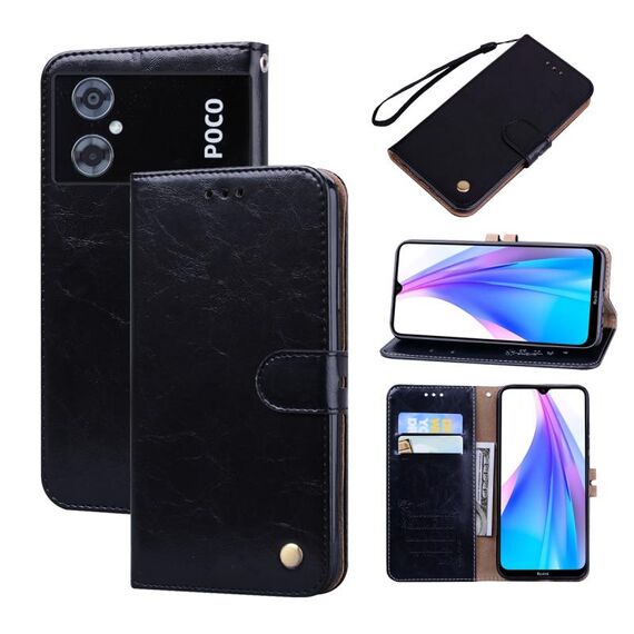 Per Xiaomi Poco M4 5G/Poco M5/Redmi Note 11R Custodia per telefono in pelle con trama cerata ad olio (nero)