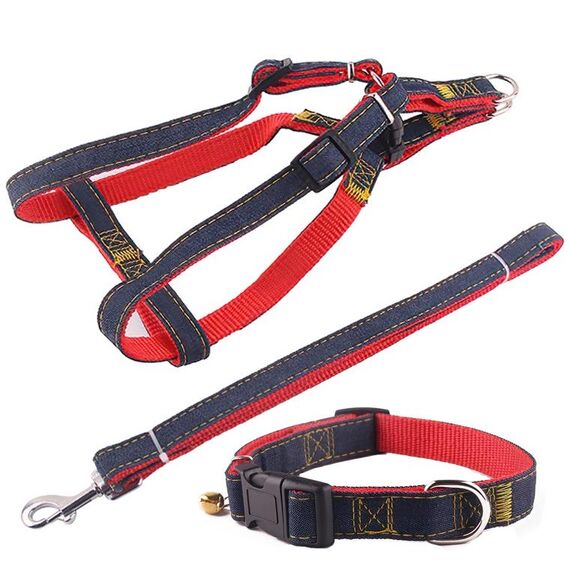 BG-Q1025 Guinzaglio + cinturino pettorale + collare set di guinzagli per cani da compagnia in denim resistente ispessito, taglia: L (rosso)