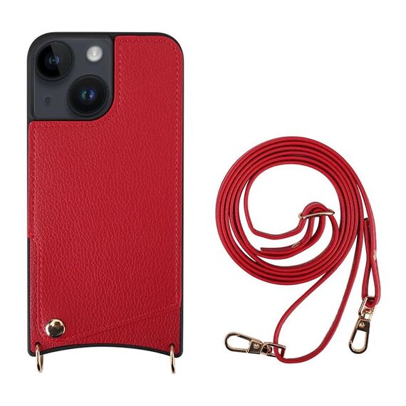 Per iPhone 14 Plus Fish Tail Card Slot PU + Custodia per telefono in TPU con cordino lungo (rosso)