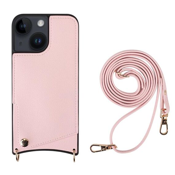 Per iPhone 14 Plus Fish Tail Card Slot PU + Custodia per telefono in TPU con cordino lungo (rosa)