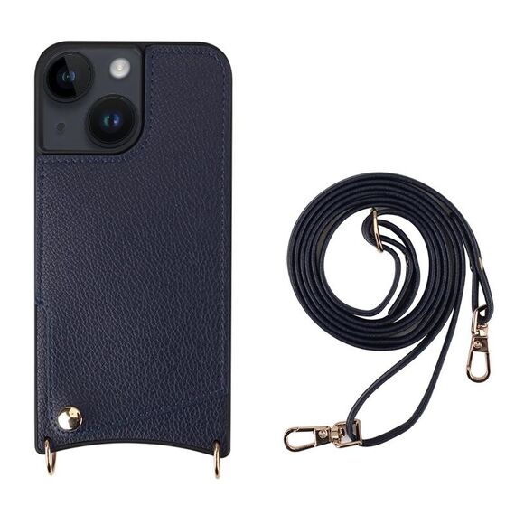 Per iPhone 14 Fish Tail Card Slot PU + Custodia per telefono in TPU con cordino lungo (blu scuro)