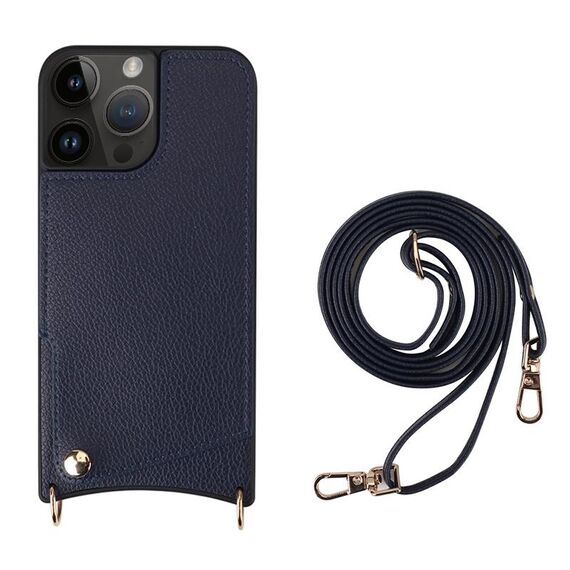 Per iPhone 14 Pro Max Fish Tail Card Slot PU + Custodia per telefono in TPU con cordino lungo (blu scuro)