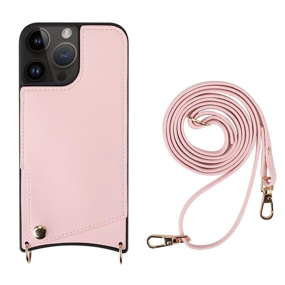 Per iPhone 13 Pro Max Fish Tail Card Slot PU + Custodia per telefono in TPU con cordino lungo (rosa)