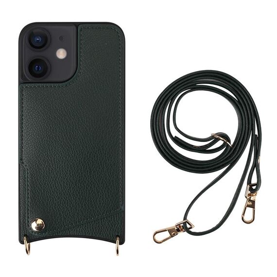 Per iPhone 12/12 Pro Fish Tail Card Slot PU + Custodia per telefono in TPU con cordino lungo (verde scuro)