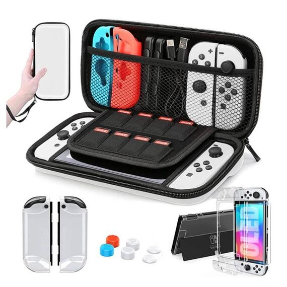 Console di gioco Console di cristallo Shell Remote Sensing Cap Stoccaggio del film Temperato Set per interruttore Borsa di stoccaggio con console OLED + Custodia in cristallo + Rocker Capx6 + film temperato