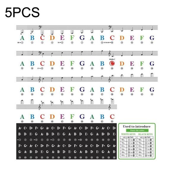 QT-0302 5PCS Adesivi colorati per tastiera di pianoforte per bambini Accessori per strumenti musicali