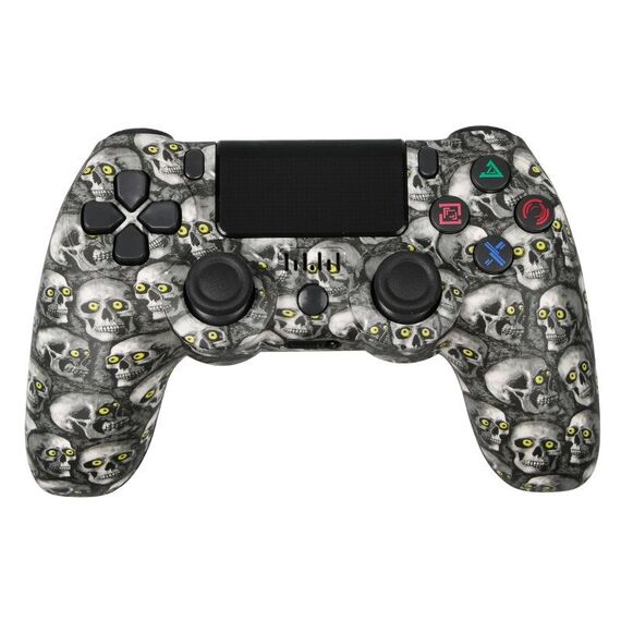 Per controller di gioco Bluetooth wireless PS4 con maniglia di gioco a doppia vibrazione con striscia luminosa (teschio occhio verde)