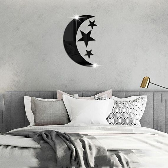 4 pezzi/set acrilico luna stelle specchio adesivo da parete decorazione della casa specchio morbido (nero)